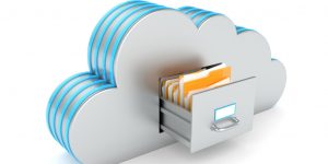 Cloud backup and disaster recovery - Cloud like filing cabinet, hosting or database with folders isolated on white background.